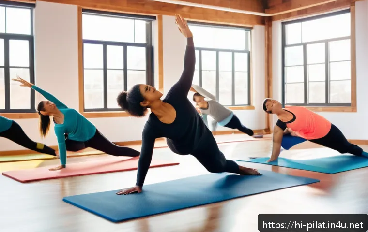 필라테스 강사와 그룹 수업 구성 - A lively group Pilates class in a bright, spacious studio with diverse participants of mixed fitness...