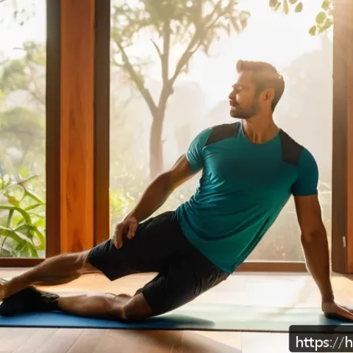 필라테스 강사 업무 일기 - A serene early morning scene featuring a male Pilates trainer waking up with the first rays of the s...