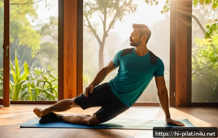 필라테스 강사 업무 일기 - A serene early morning scene featuring a male Pilates trainer waking up with the first rays of the s...