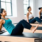 필라테스 강사와 멘토링 프로그램 - A professional Pilates instructor leading a diverse group of adult clients in a modern studio, all w...
