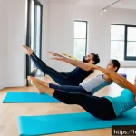 필라테스 강사 수업 시나리오 작성 - A diverse group of adult Pilates students in a bright, serene studio setting, all wearing comfortabl...