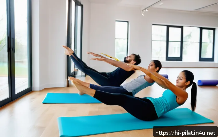 필라테스 강사 수업 시나리오 작성 - A diverse group of adult Pilates students in a bright, serene studio setting, all wearing comfortabl...